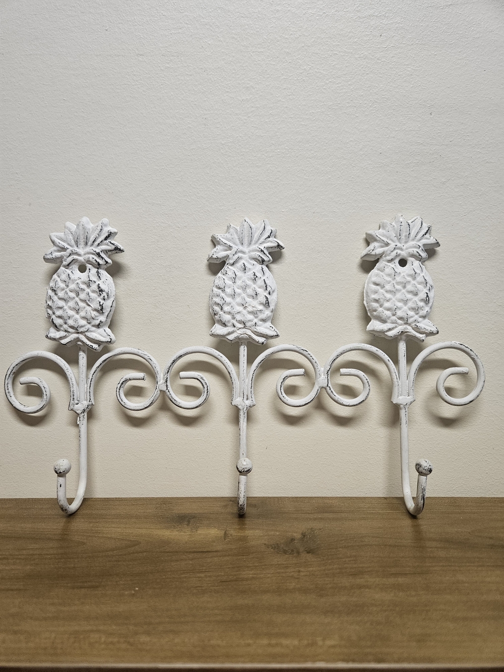 Distressed White Metal Triple Pineapple Wall Hook Rack